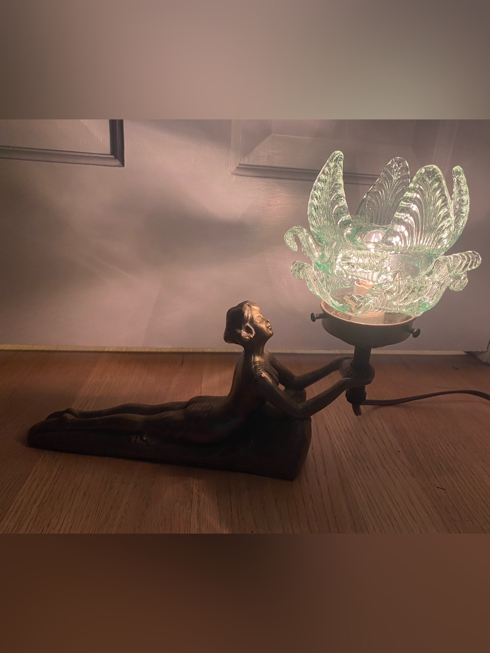 Unusual Art Deco CHANDLER 1 ART NOUVEAU SEMI-NUDE WALL LAMP with Green Glass Sha